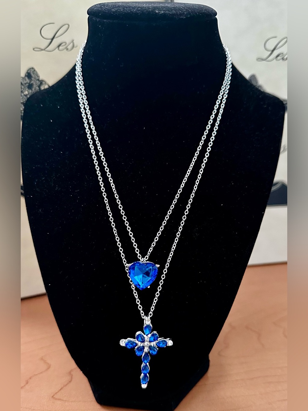 Blue Crystal Heart & Cross Layered Necklace - Women Jewelry